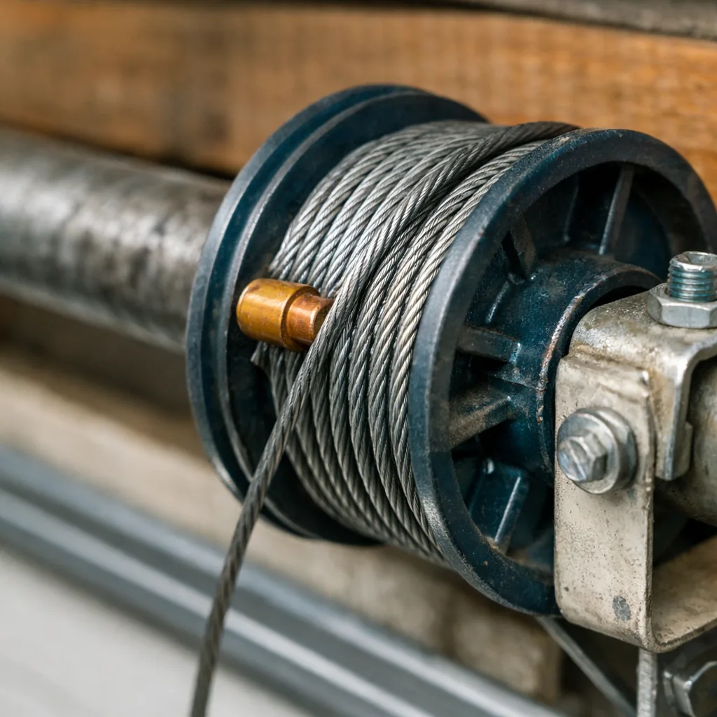 Close-up of a new cable and drum on a torsion bar over a wide garage door opening