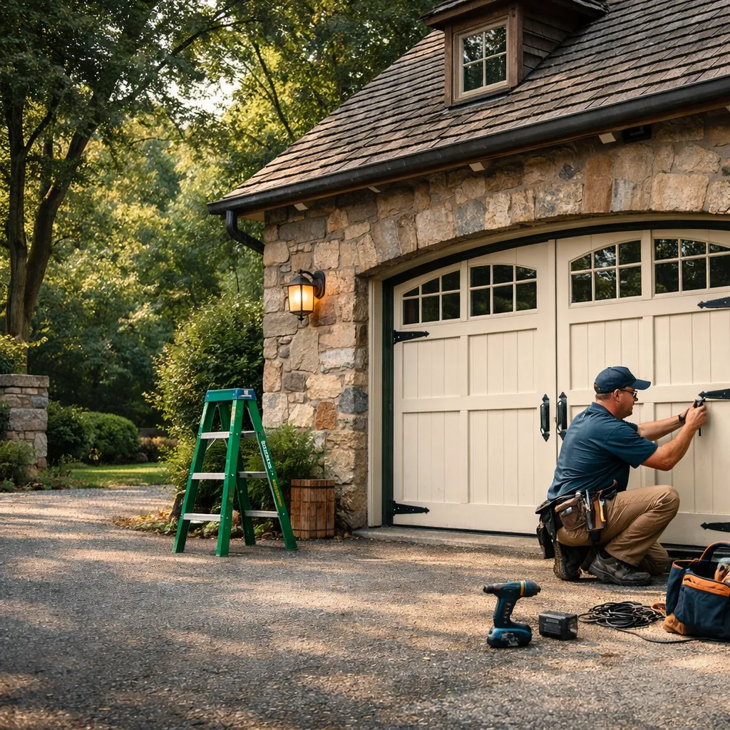 A contractor adjusting hardware on a large carriage-style garage door on a stone-front Greenwich-area home, wide shot with mature trees and a gravel or paved drive