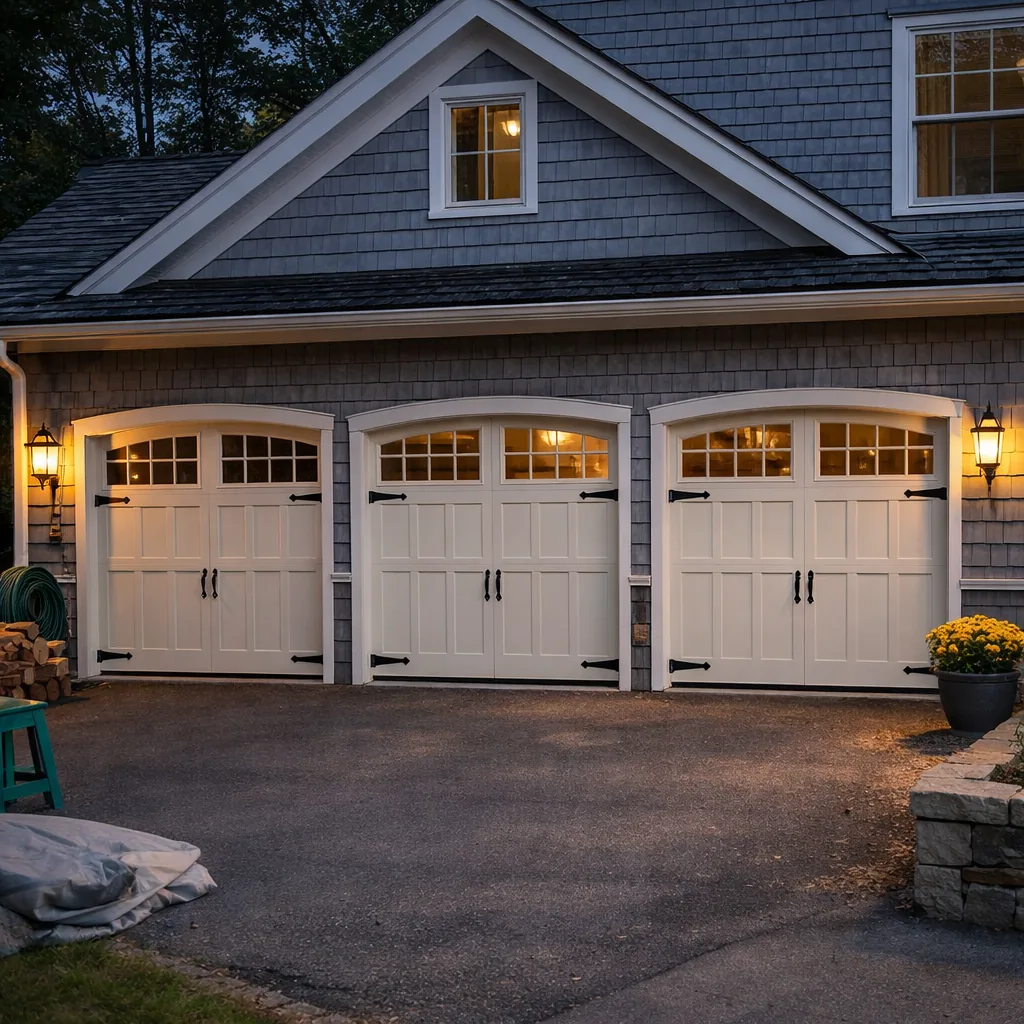 A repaired row of carriage-style garage doors on a traditional Connecticut home, dusk, doors closed and evenly aligned