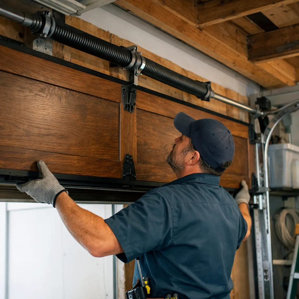 A contractor balancing a heavy double wood-look garage door by hand to test spring tension, interior view