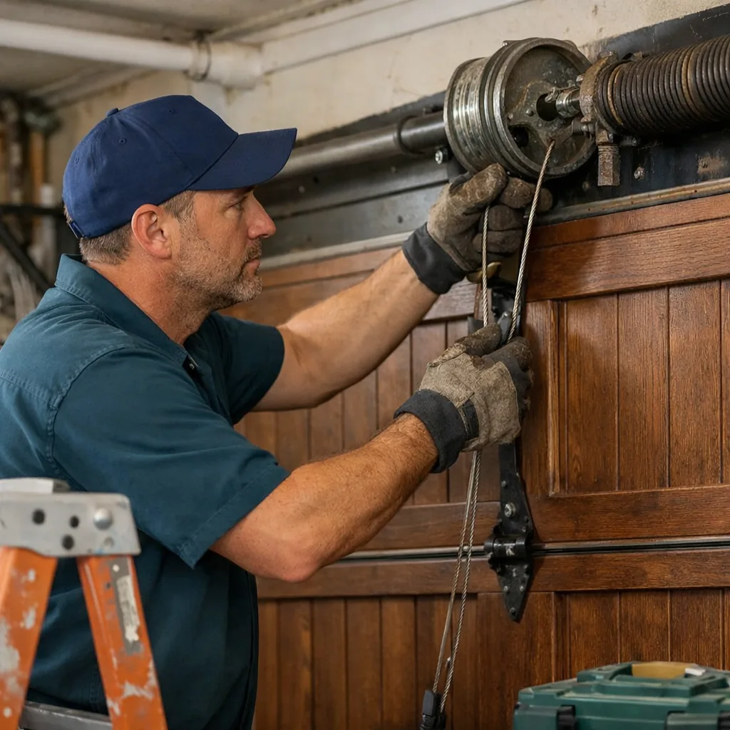 A contractor checking cables and drums on a wide double garage door with a wood-look carriage panel design, interior view, good light