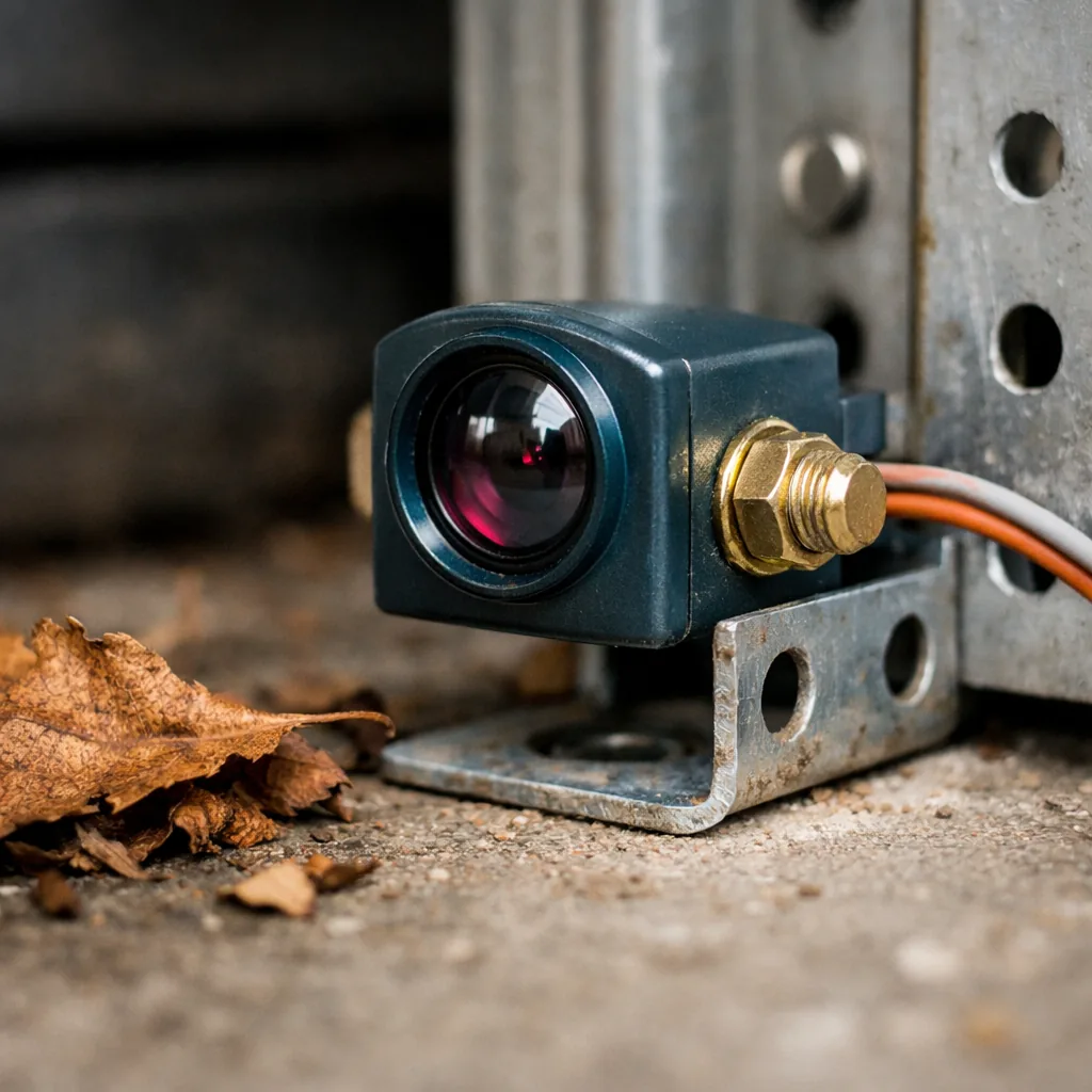Close-up of a photo-eye sensor bracket about six inches off a garage floor, clean lens, leaf litter nearby