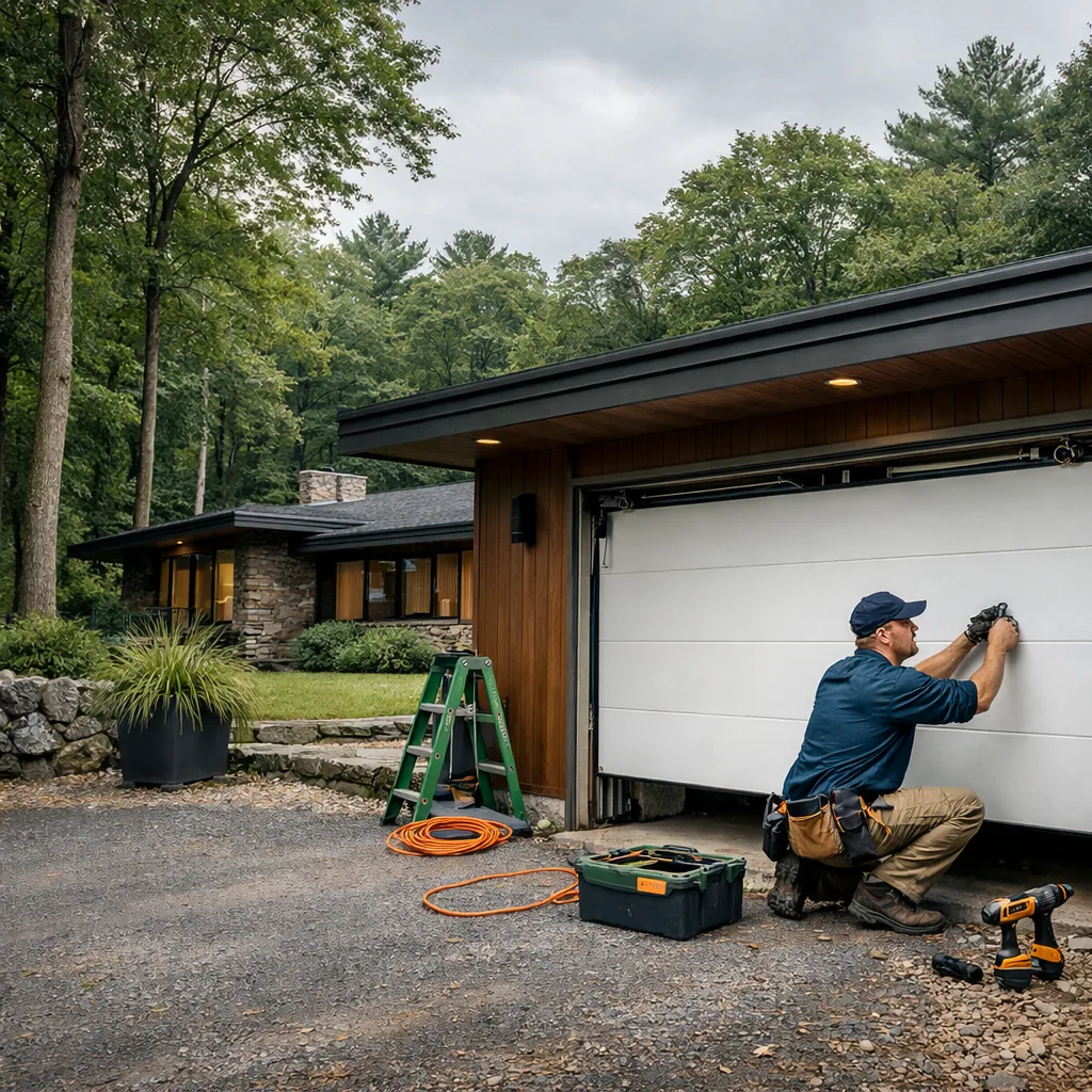 A contractor working on a flush-panel garage door at a low modern home set among mature trees in a wooded New Canaan-style setting, wide overcast shot