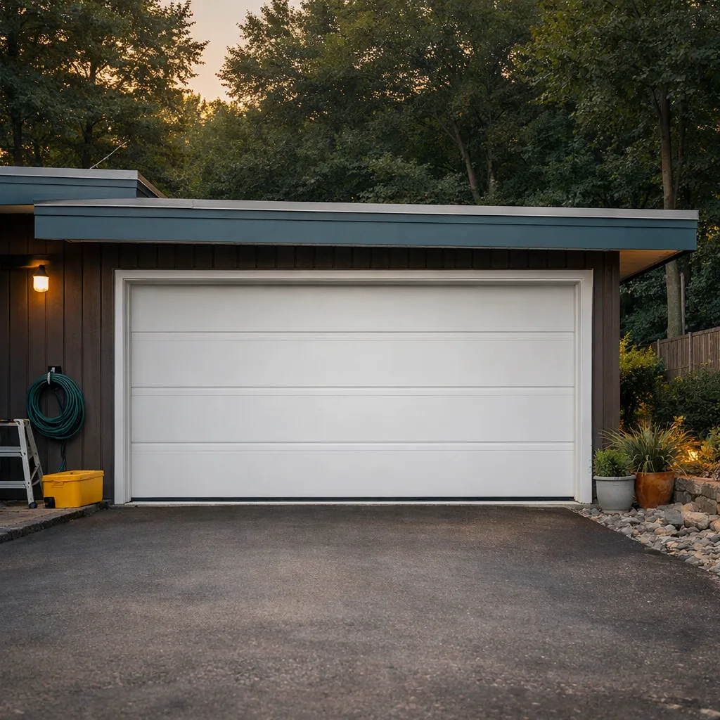 A repaired garage door on a low, flat-roofed mid-century modern house surrounded by trees, closed, soft evening light