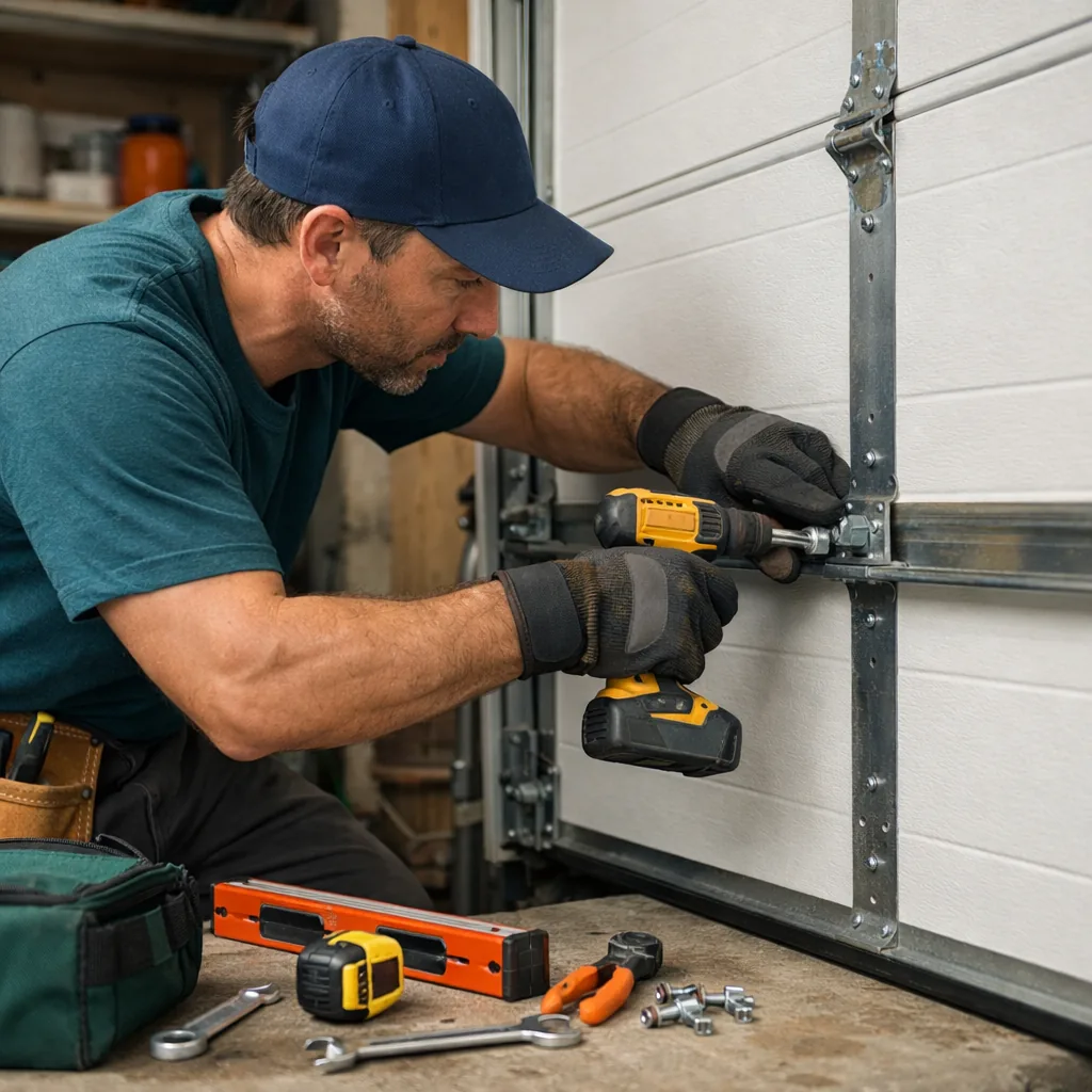 A contractor aligning a track on a flush-panel garage door, tools laid out, bright interior