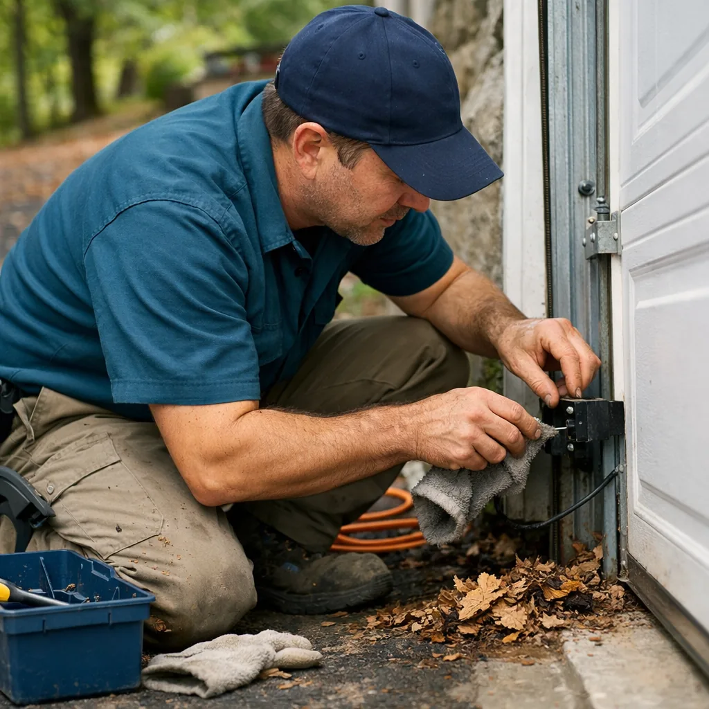 A contractor clearing debris and checking alignment of a photo-eye sensor beside a garage door on a leafy sloped driveway