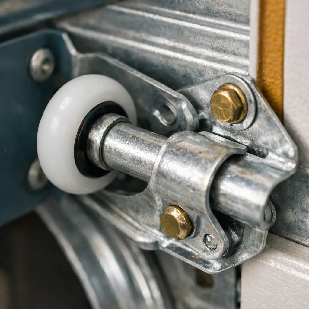 Close-up of a new galvanized roller and hinge seated in a garage door track, clean and well lit