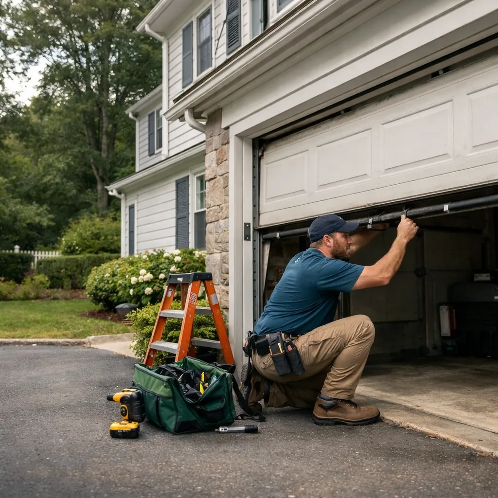 A contractor kneeling at the side of an open sectional garage door on a Norwalk-style Connecticut colonial, checking the springs and track, wide shot in soft overcast light with a tidy driveway