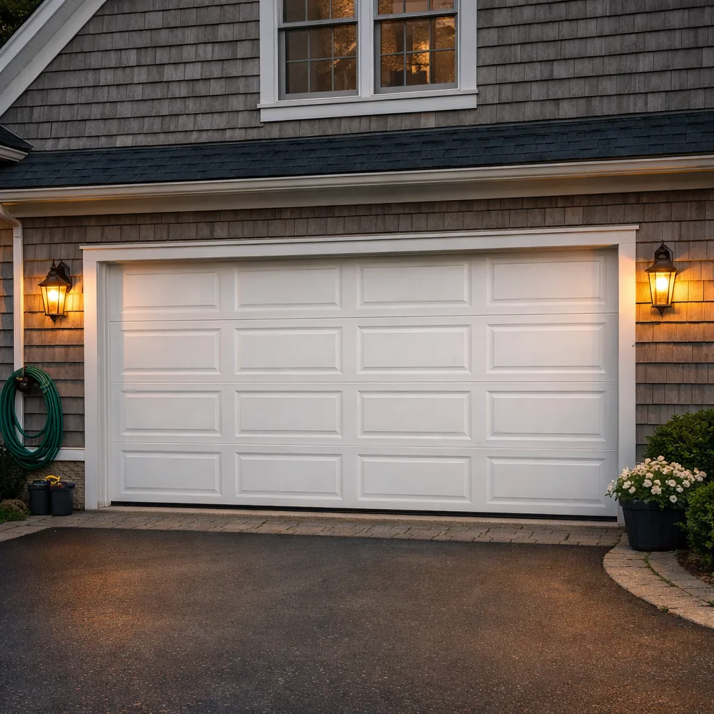 A repaired white two-car sectional garage door fully closed on a Connecticut shingle-style house, evening light, neat driveway