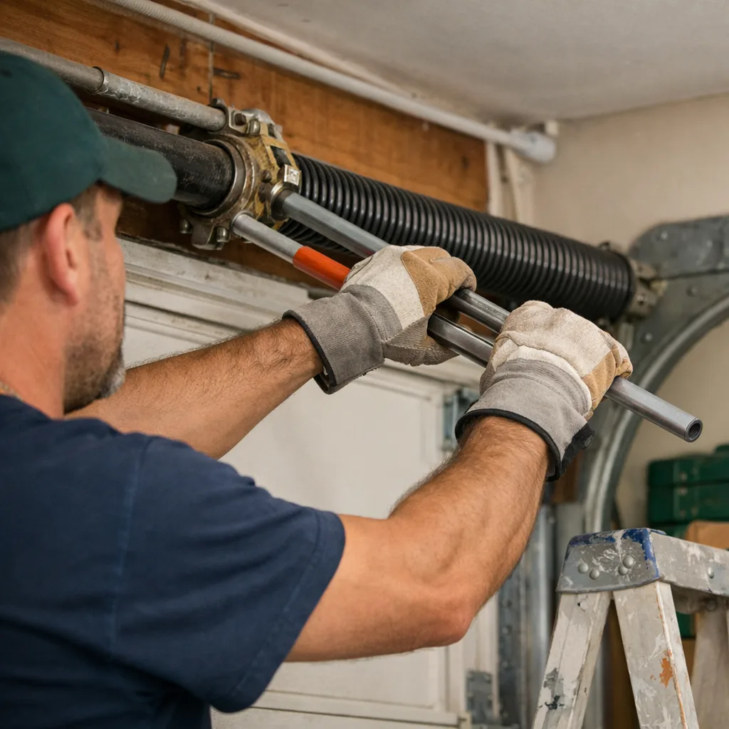 A contractor winding a new torsion spring on a bar over a residential garage door using winding bars, close up, safe stance