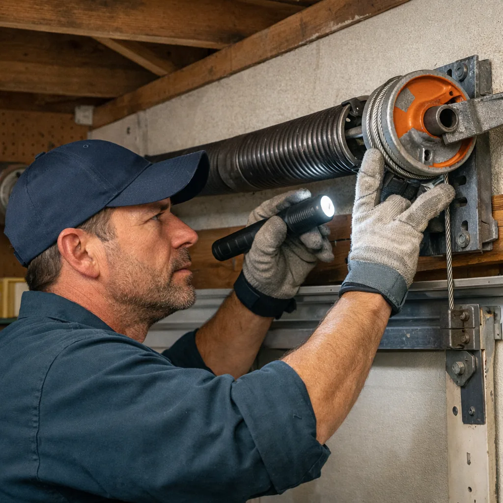 A contractor inspecting a torsion spring and cable drum over a garage door opening, close and well lit, in a Connecticut home garage