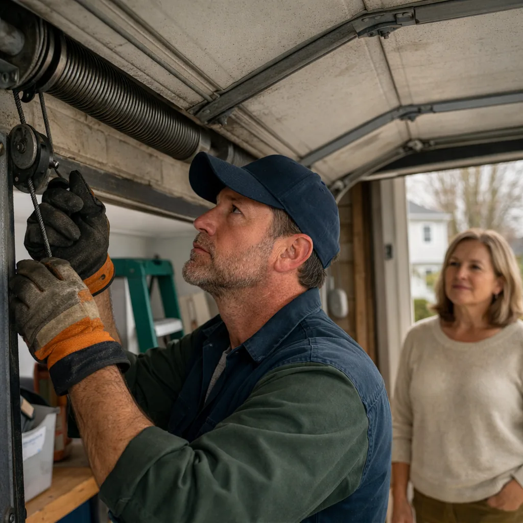Independent garage door contractor in work gloves inspecting the spring and cable on a residential garage door while the homeowner stands nearby in the open garage