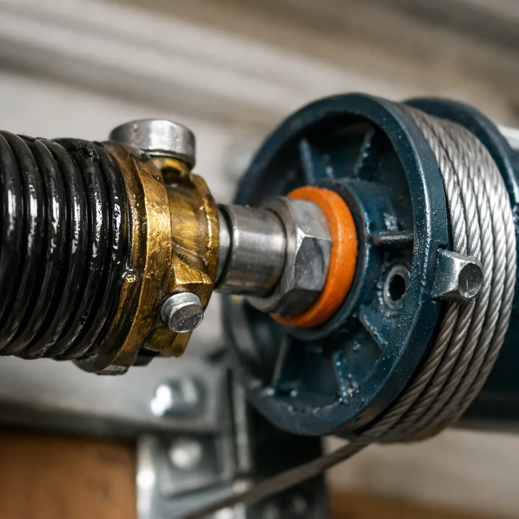 Close-up of a torsion spring and cable drum above a residential garage door, freshly installed and lubricated