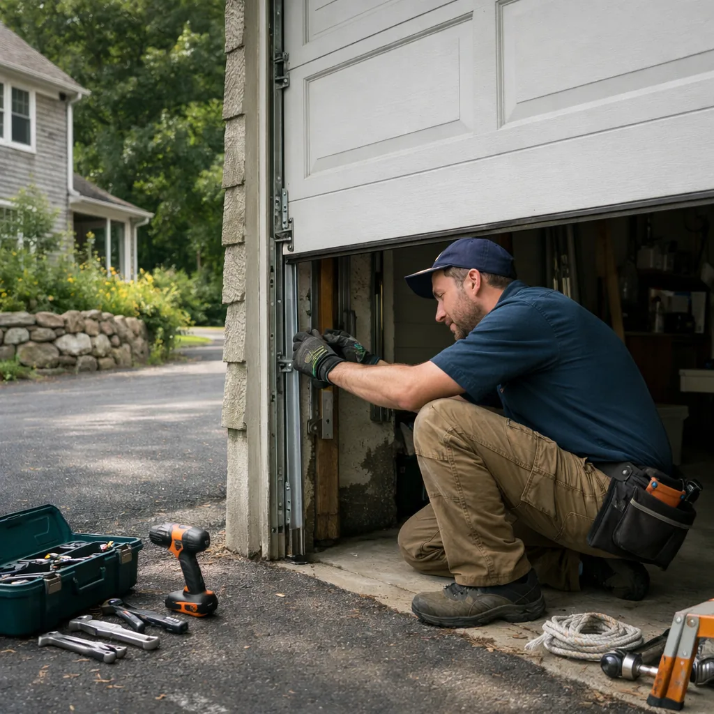 Technician kneeling beside a residential sectional garage door in a Connecticut driveway, adjusting hardware on the track while the door sits partly open