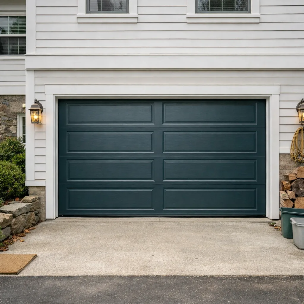Newly repaired steel garage door on a Connecticut colonial home, closed and sitting flat and level against the frame