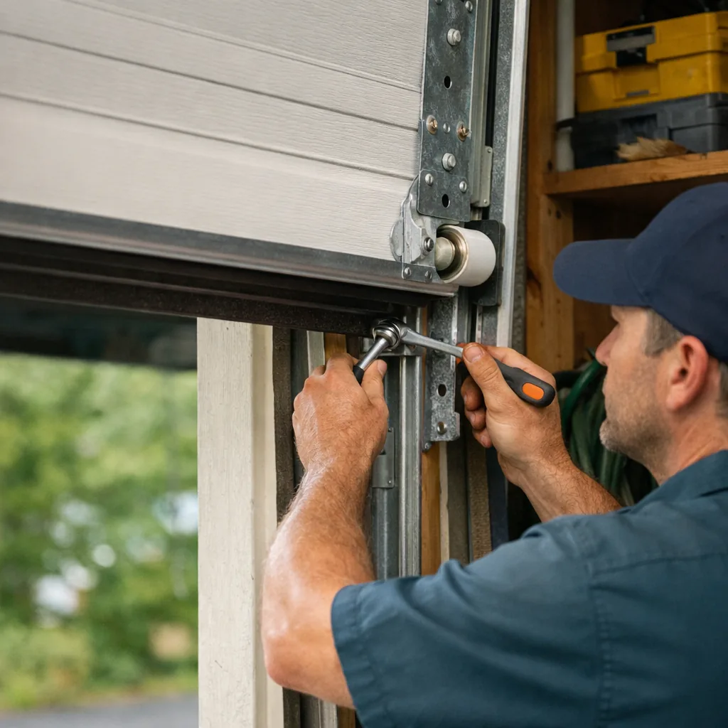 Garage door partly open showing smooth roller travel in a clean vertical track inside a residential garage