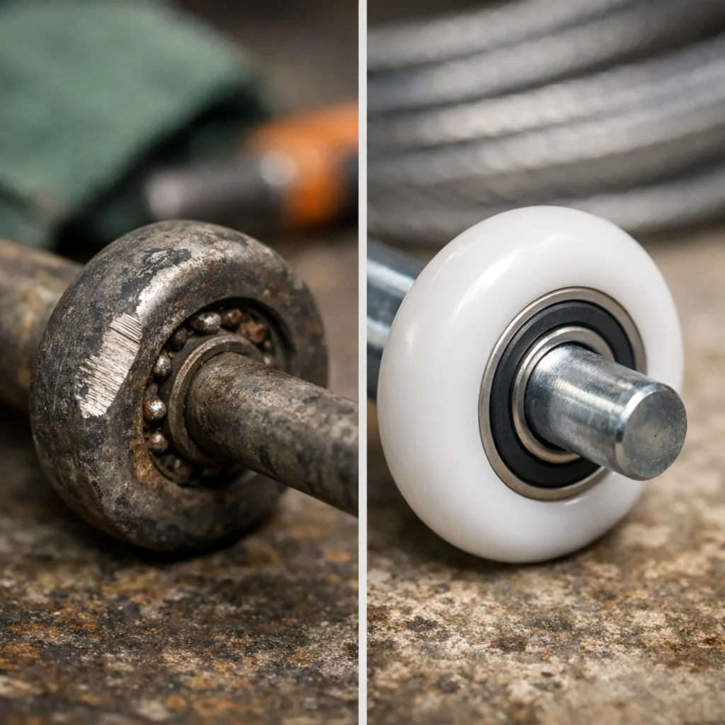 A worn steel roller beside a new nylon one. Close-up comparison of a worn steel garage door roller with a flat spot next to a new nylon roller with sealed ball bearings