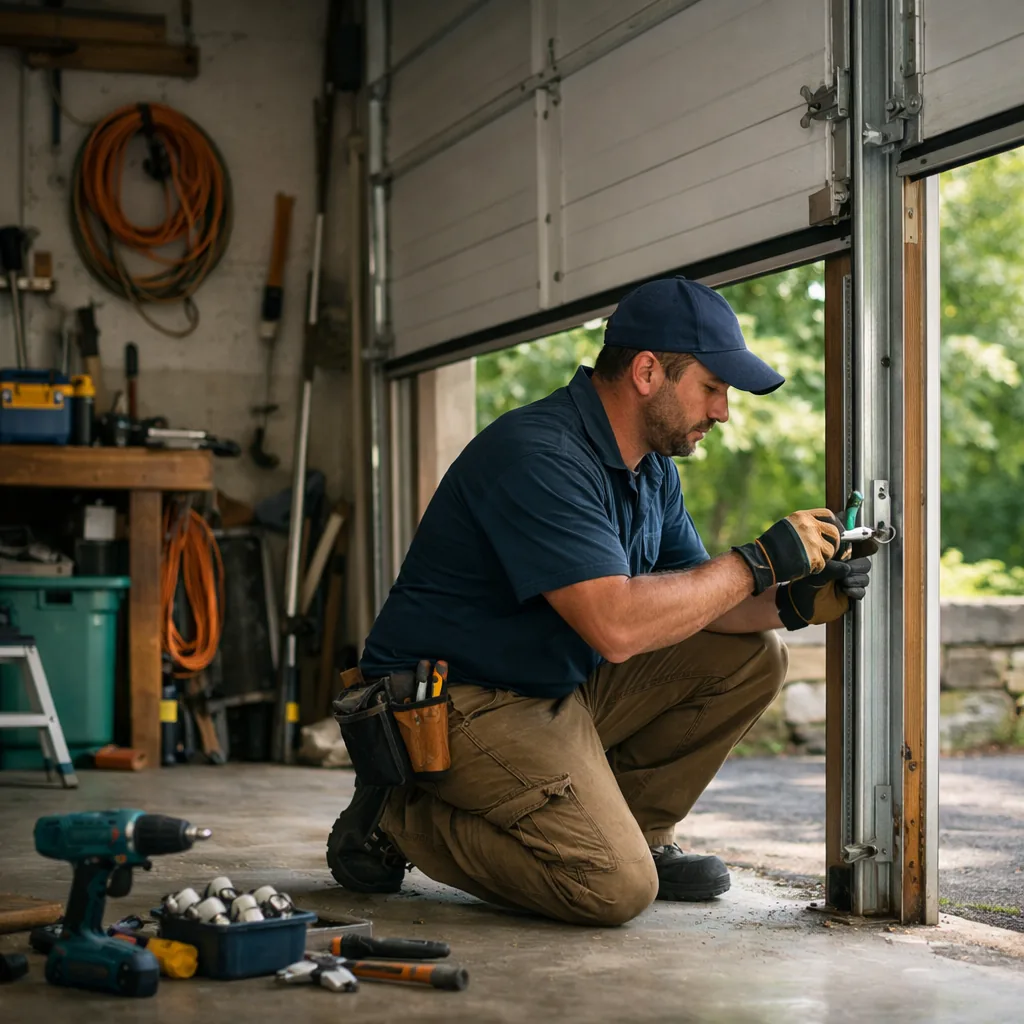 Wide interior shot of a contractor kneeling beside the vertical track of a residential garage door, replacing a roller on a door hinge, garage door partly raised