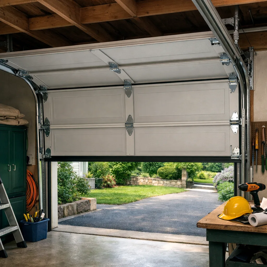 A door running smoothly in clean tracks. A garage door in the half-open position moving smoothly in clean tracks, new rollers visible in each hinge