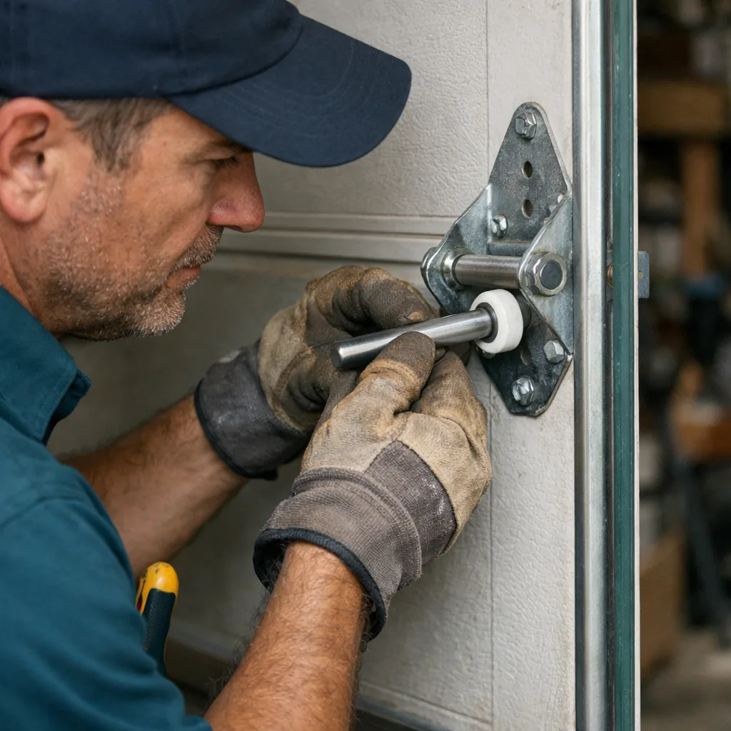 Fitting a new roller into the hinge. A contractor sliding a roller stem into a hinge on the side of a garage door panel