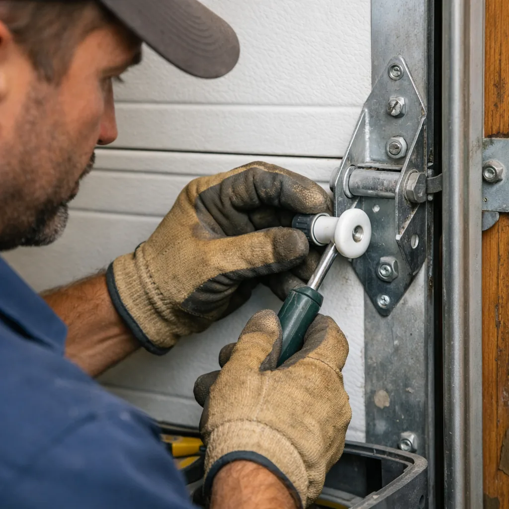 Close view of a contractor sliding a new nylon roller into a garage door hinge beside the vertical track