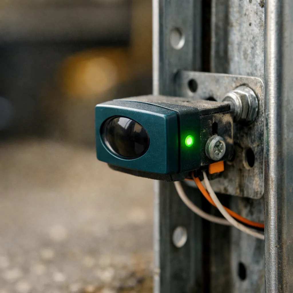 Close-up of a pair of garage door photo eye sensors with a small green indicator light glowing, mounted on a metal bracket beside the track