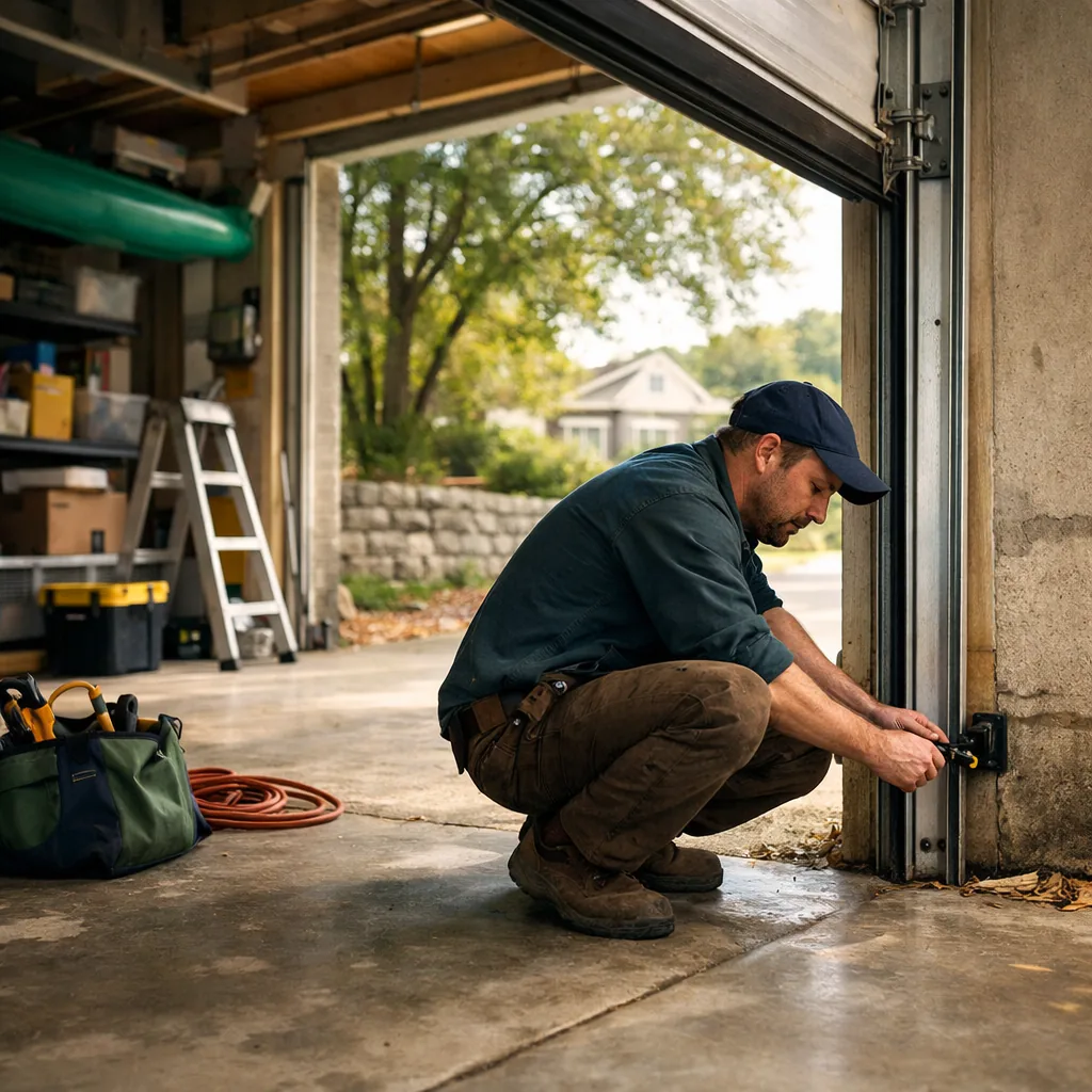 Contractor crouched at the bottom corner of an open residential garage door adjusting a small photo eye sensor mounted a few inches off the floor beside the track