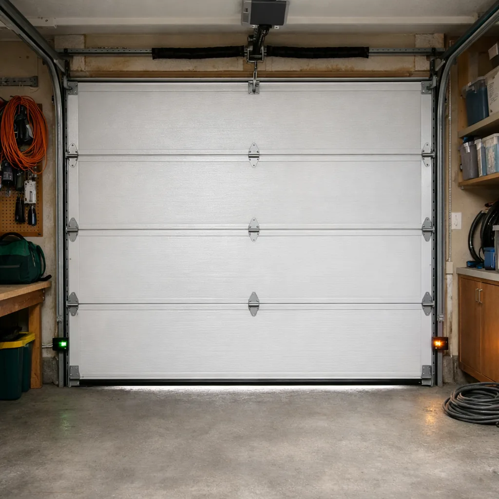 Residential garage door closing smoothly in a tidy garage with the sensor eyes visible low on both sides of the opening