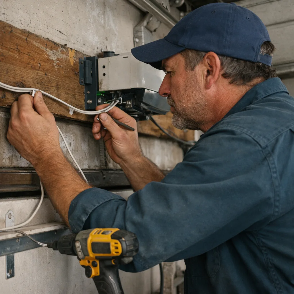 Contractor tracing low voltage wire along a garage wall toward the opener, checking staples and terminal connections