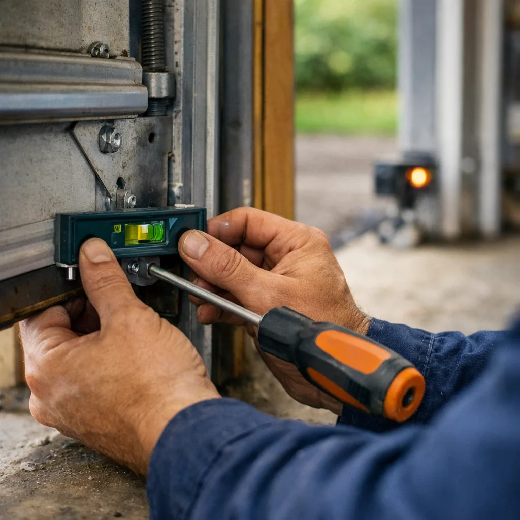 Contractor aligning a garage door photo eye bracket with a small level against the door track, the second sensor visible across the opening with its indicator light glowing