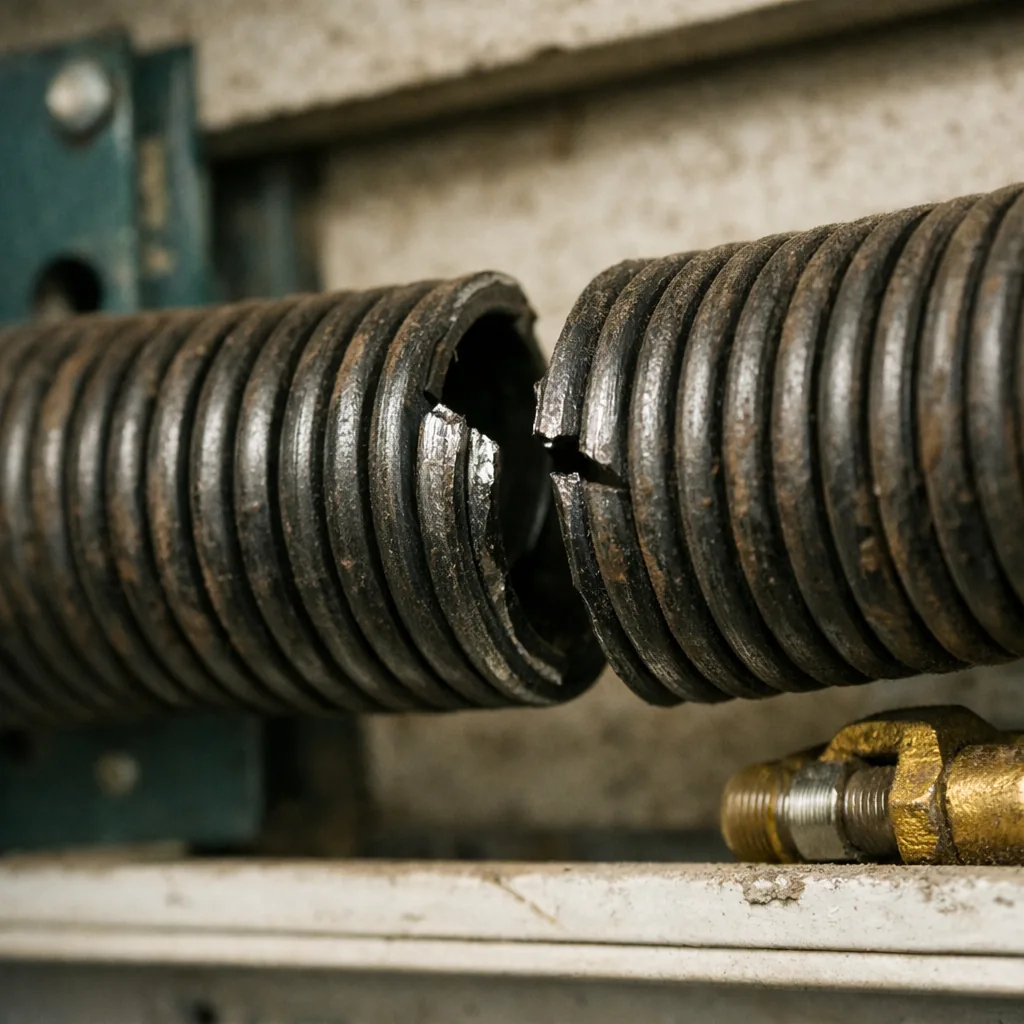 Close-up of a broken torsion spring with a visible gap in the coil above a garage door