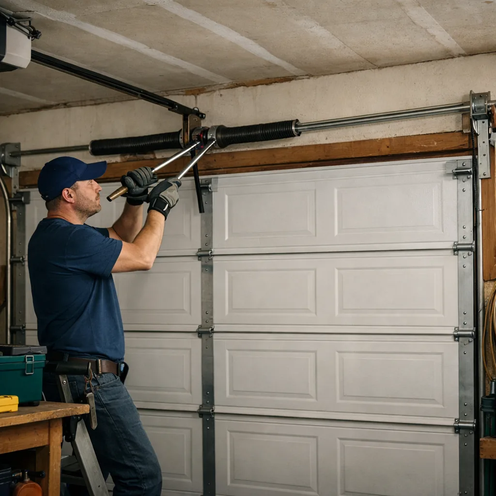 A contractor working on a torsion spring mounted above a closed residential garage door, using winding bars in a Connecticut home garage