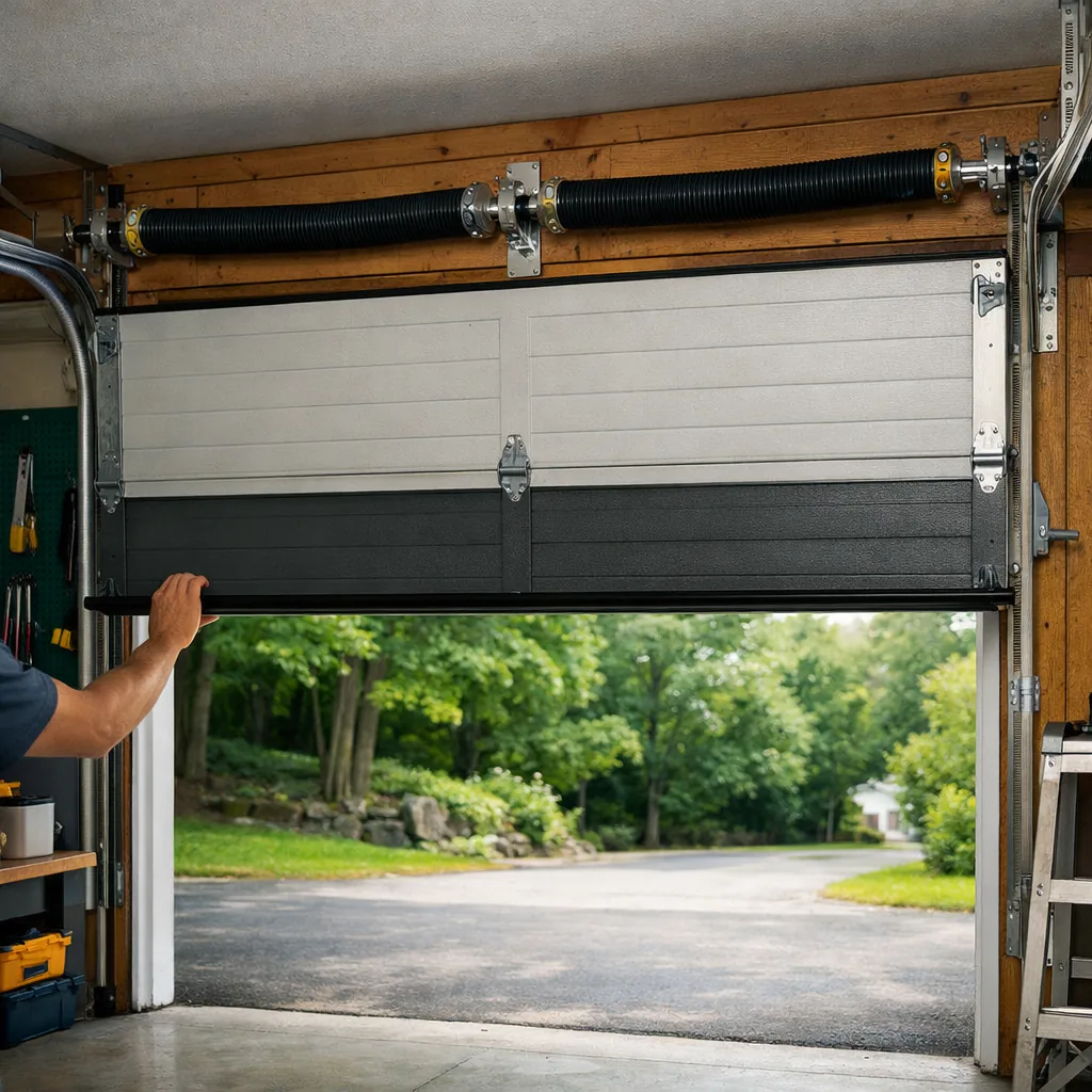A garage door lifted smoothly to the halfway point by hand after a spring replacement, with the new springs visible overhead