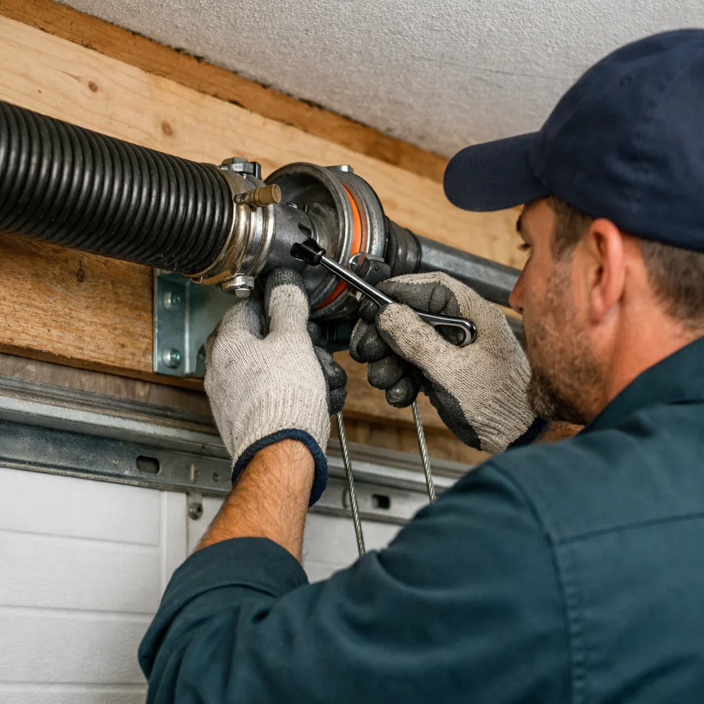 A contractor tightening set screws on a new spring and cable drum above a residential garage door