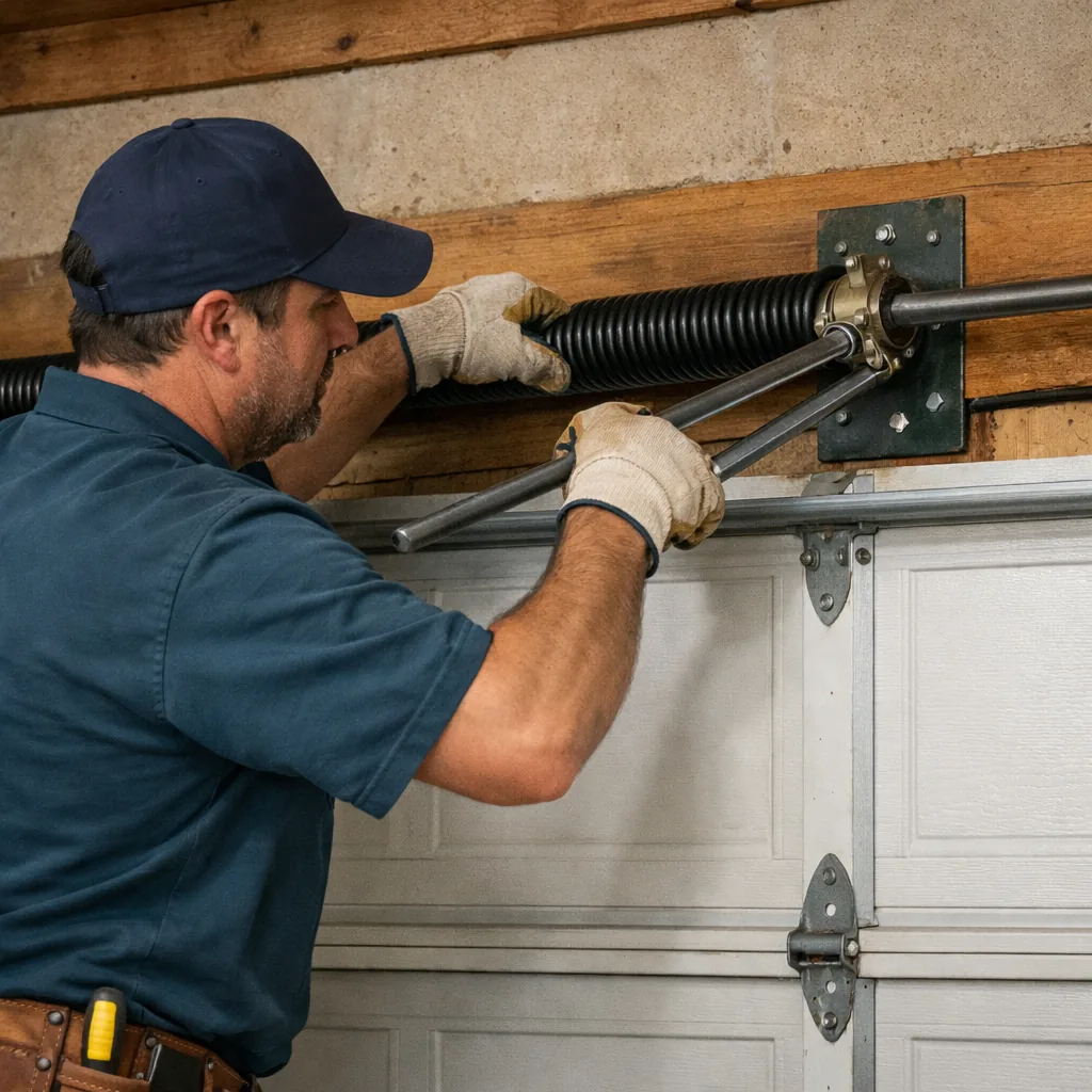 A contractor winding a new torsion spring with two winding bars while the garage door is secured closed