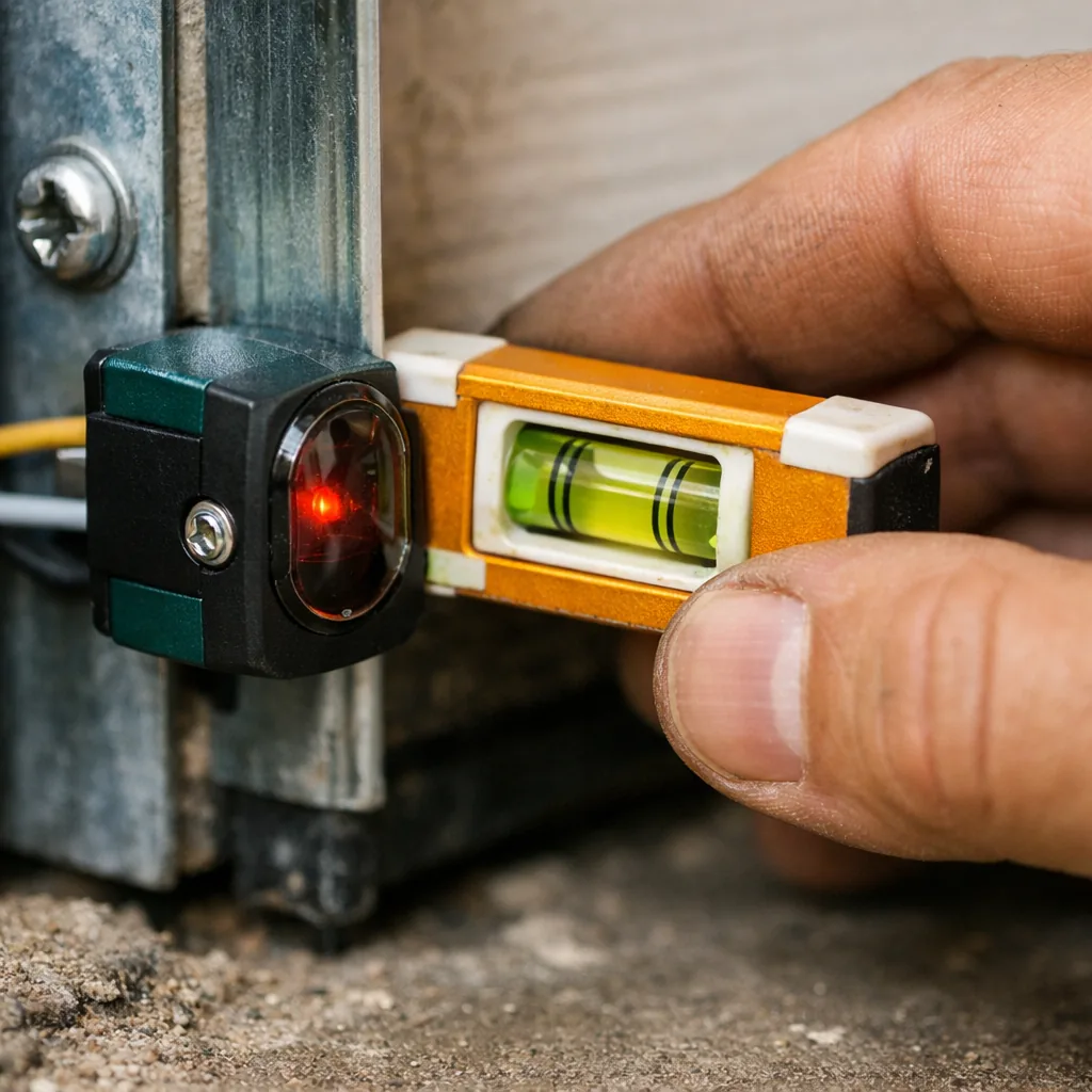 Close-up of photo-eye safety sensors mounted at the base of a garage door track, with a small level held against one
