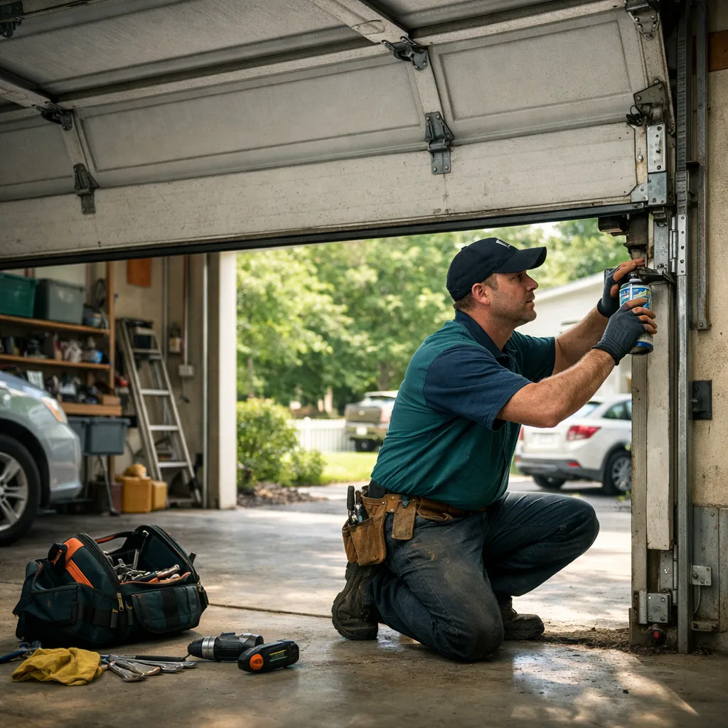 Wide view of a contractor lubricating the rollers and hinges of a residential garage door in a clean two-car garage, door half raised