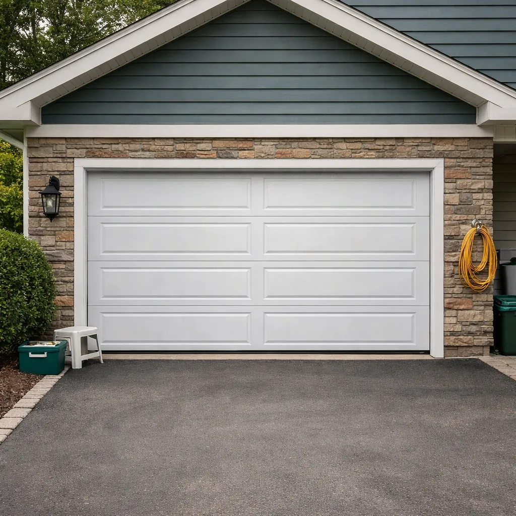 A suburban Connecticut garage with a clean, evenly closed sectional door and a tidy driveway in front