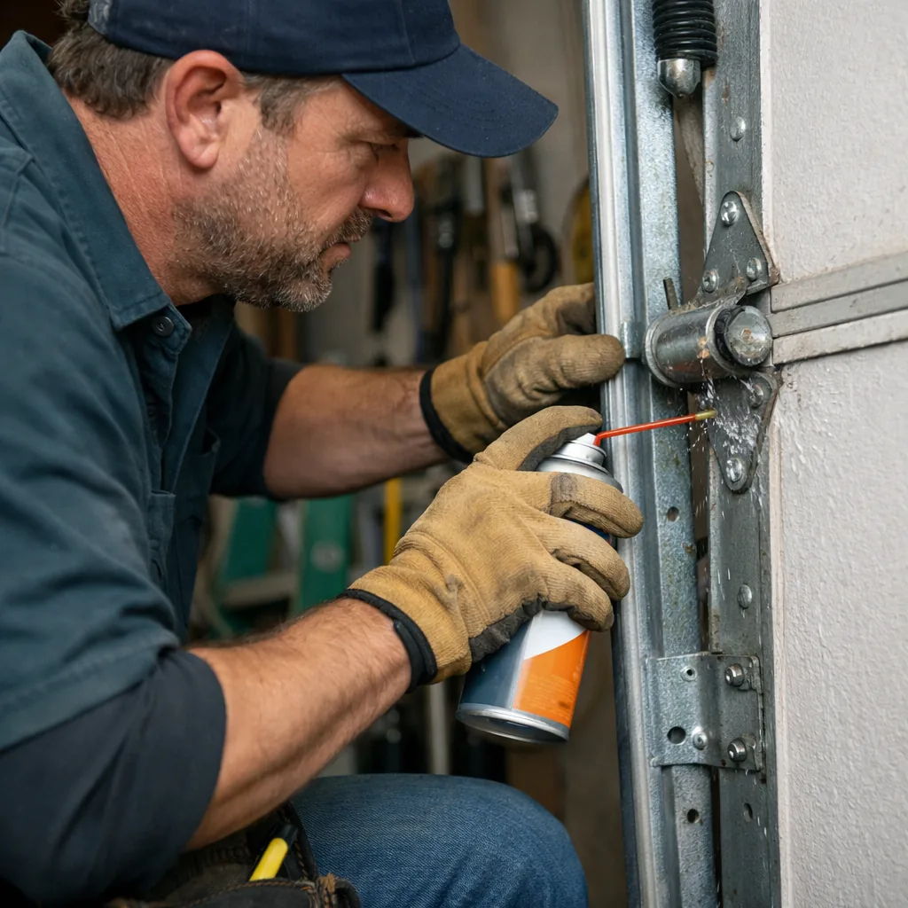 A contractor spraying lubricant on the hinges and rollers of a garage door track