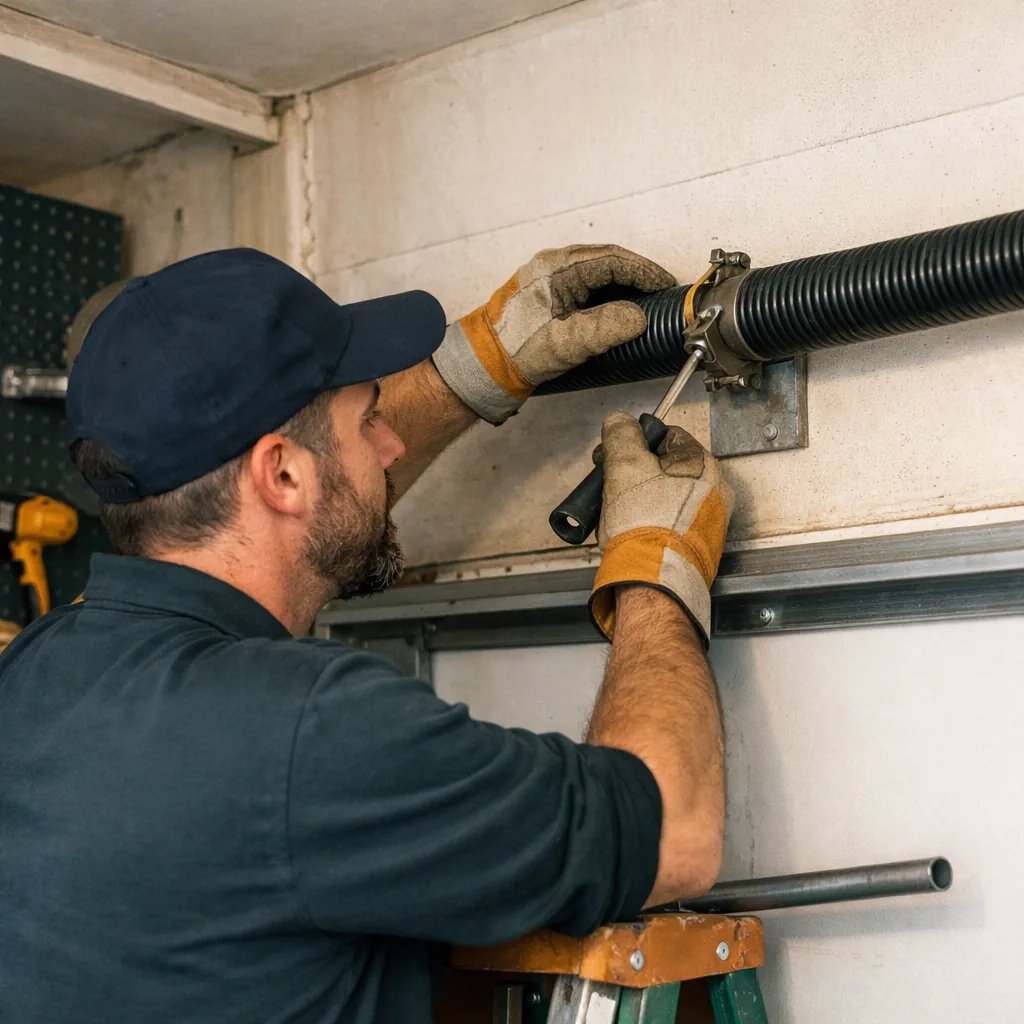 A contractor checking the tension and balance of a torsion spring over the garage door opening with a winding bar nearby, in a tidy residential garage
