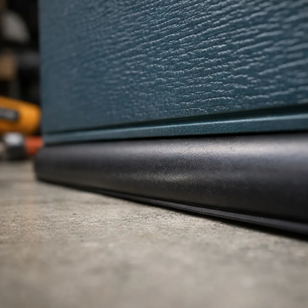 Close-up of a garage door bottom seal meeting a clean concrete floor with no gap, door fully closed