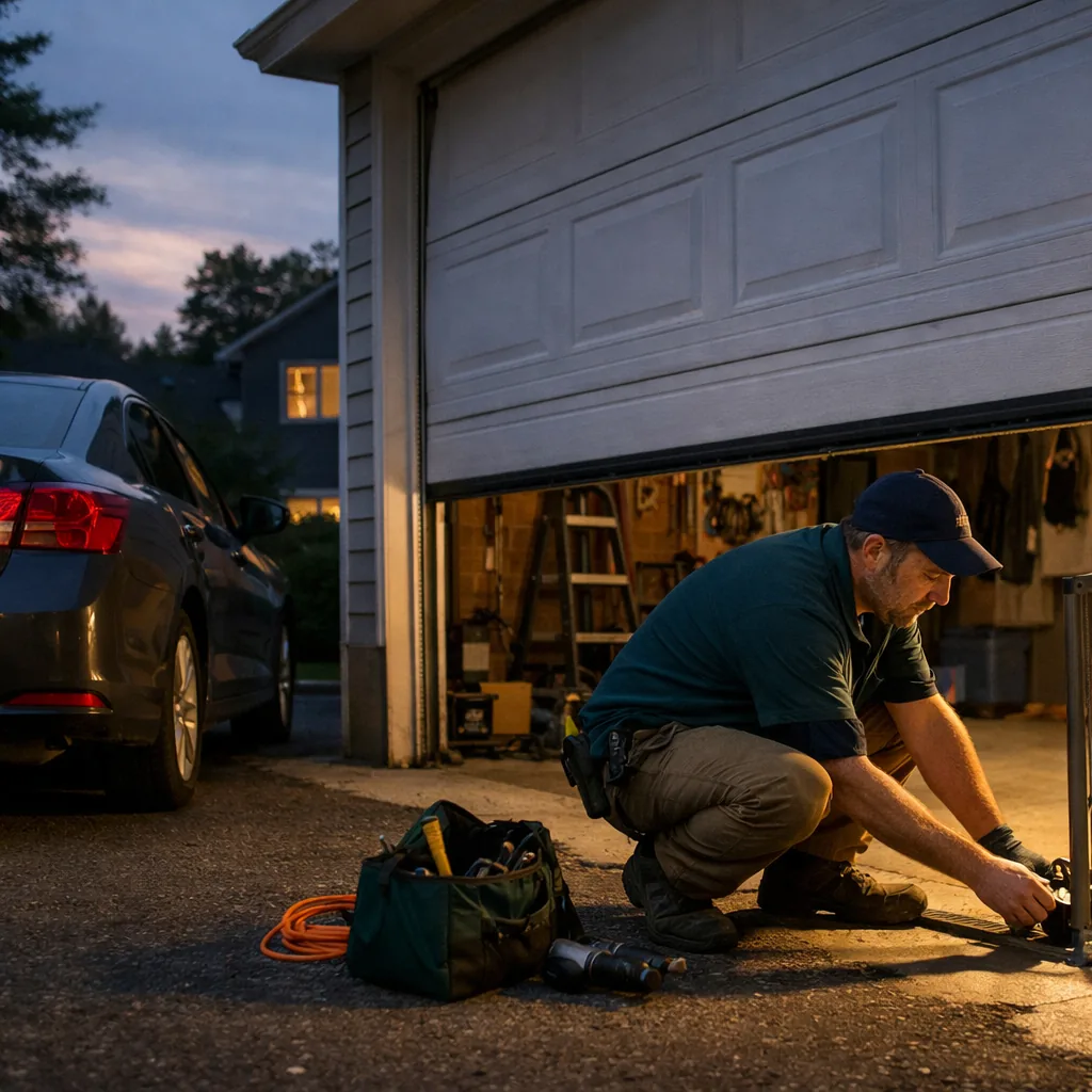 Residential garage door stopped partway open in the evening with a car parked in the driveway and a contractor checking the sensor at the base of the track