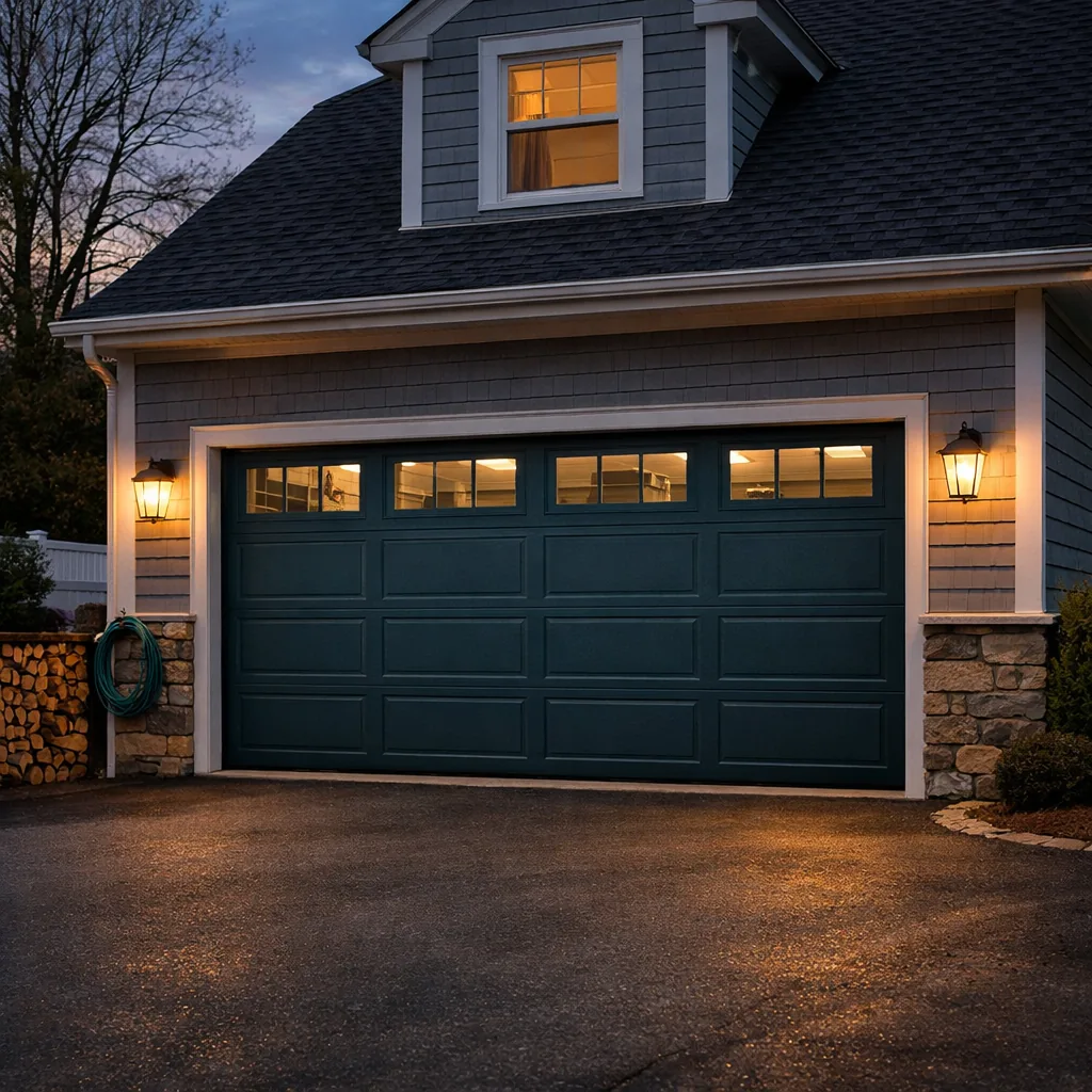Connecticut home at dusk with its garage door fully closed and a car parked safely inside