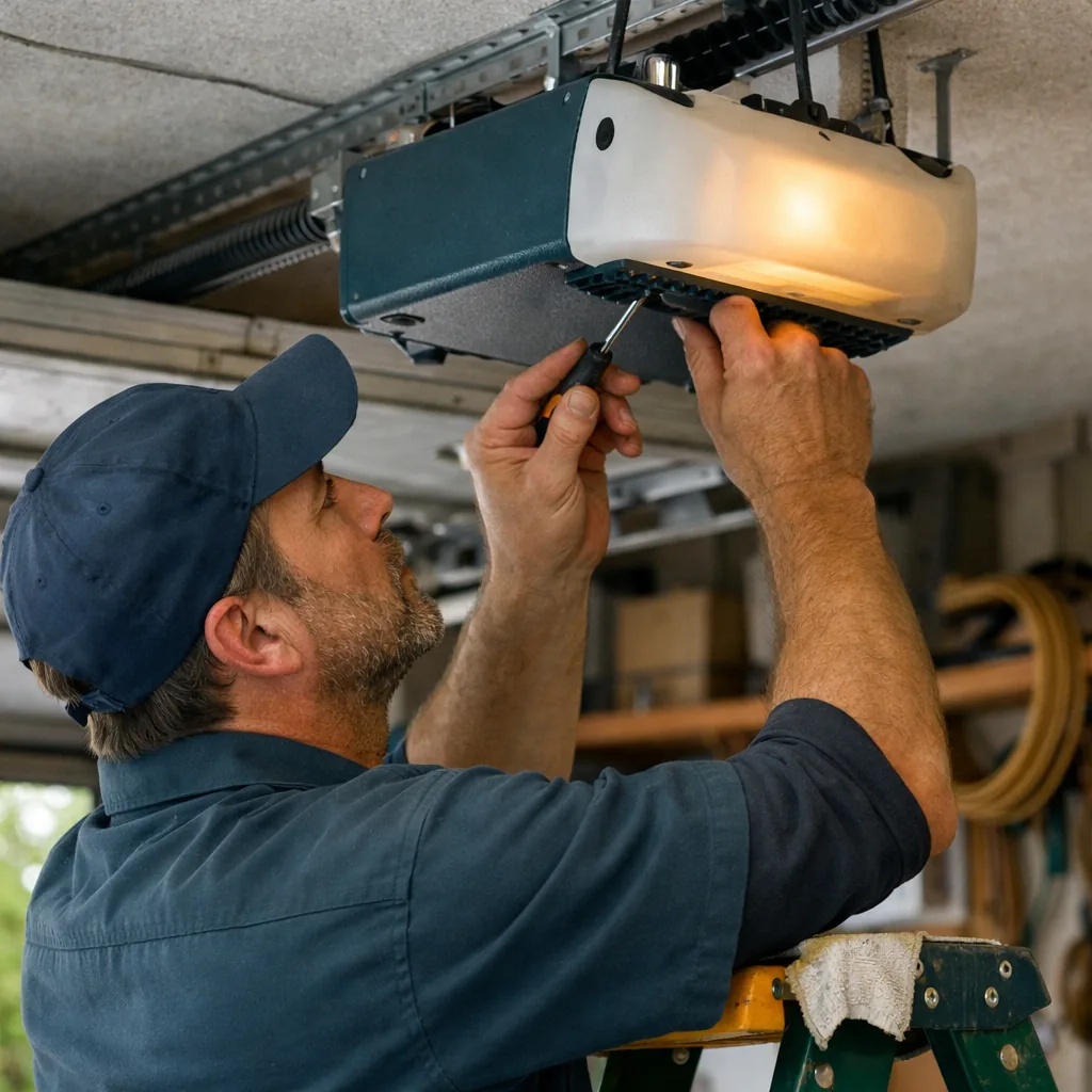 Contractor adjusting the down-limit screw on a ceiling-mounted garage door opener while standing on a stepladder