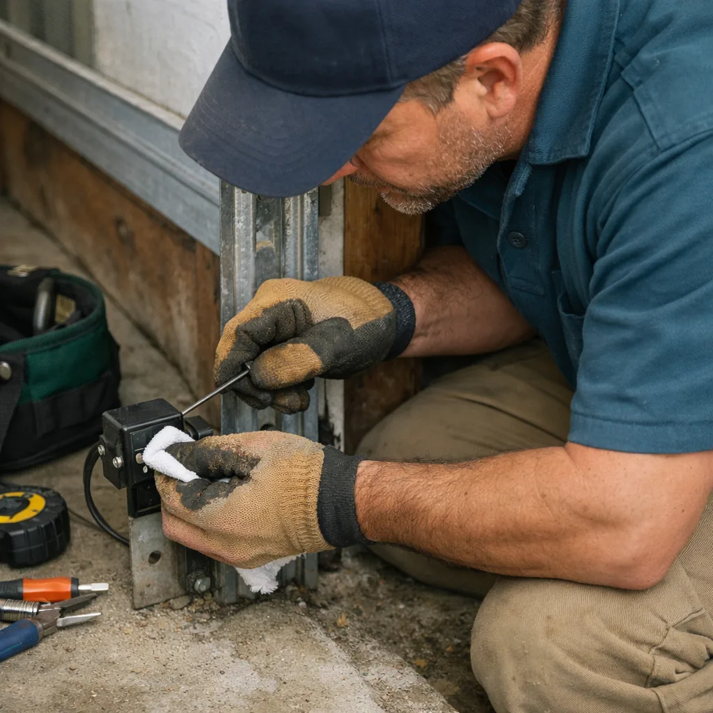 Contractor wiping and re-aiming a photo-eye safety sensor mounted near the floor beside a garage door track